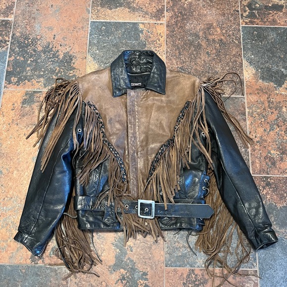 Wilsons Leather Jackets & Blazers - Vintage Wilsons Leather Fringe Jacket Womens S Black Brown Motorcycle Biker 90s